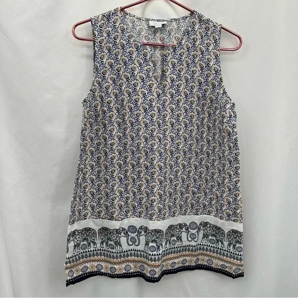 J Jill Love Linen Tunic Women S Blue Elephant Print Sleeveless‎ Floral Boho Top